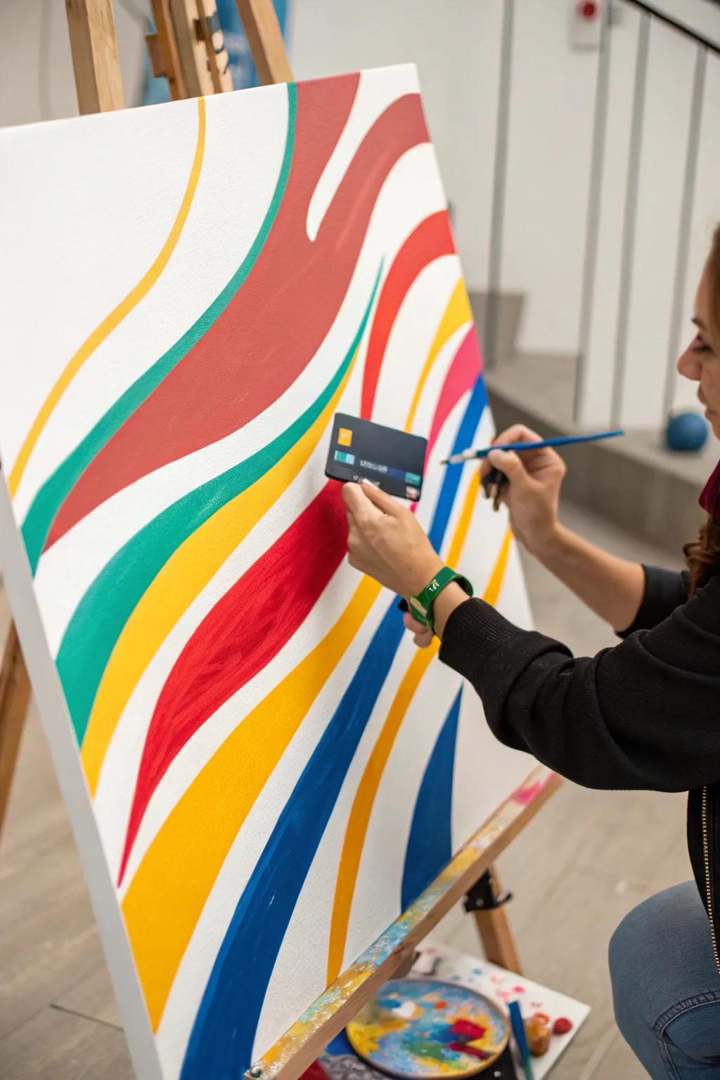 Utilize a plastic card to craft vibrant, sweeping lines on your canvas.
