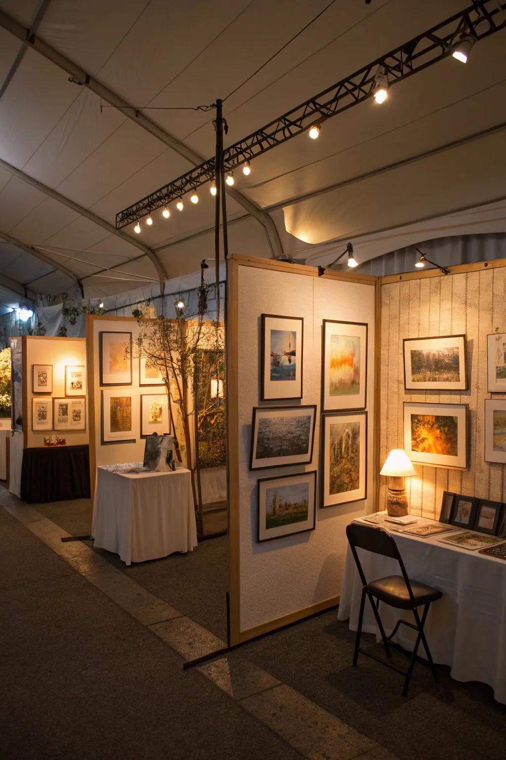 Subtle illumination enhances the particulars and shades of artwork, attracting attendees into the display area.