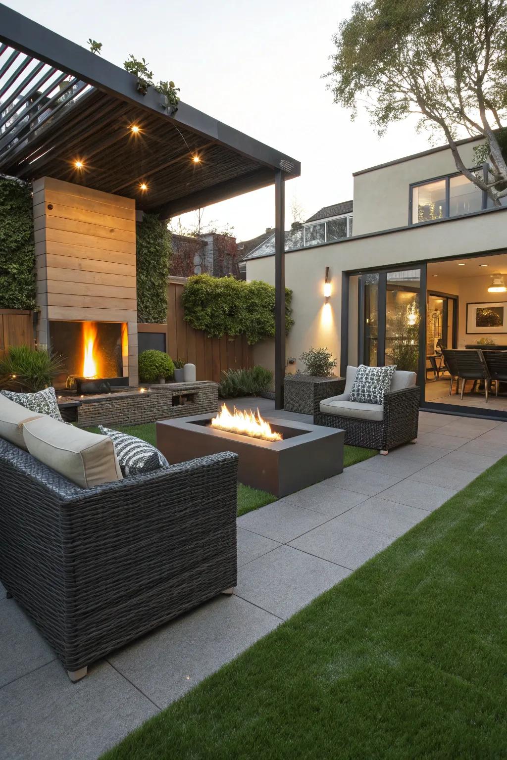 A modern patio seamlessly integrated with synthetic turf.