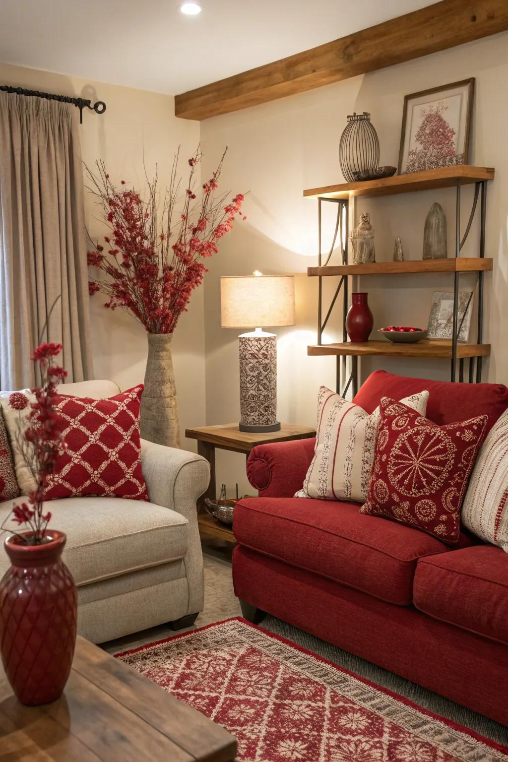 Scarlet accents bring vitality and good fortune to the decor.