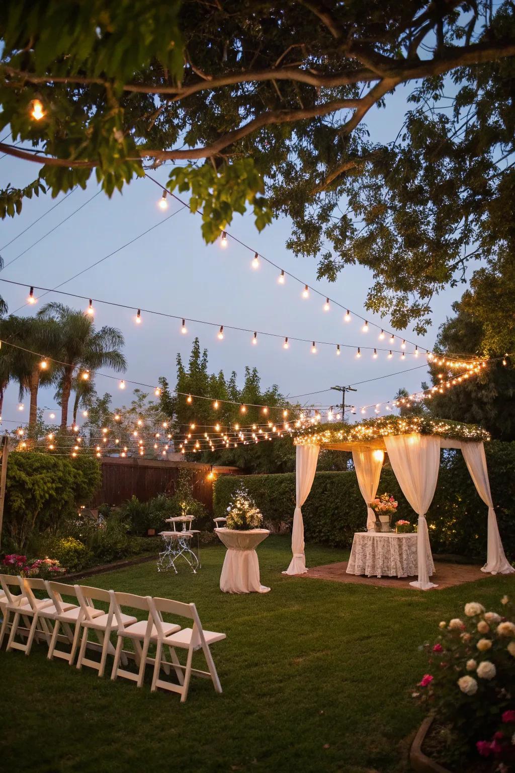 Fairy lights make a magical setting for a night wedding.
