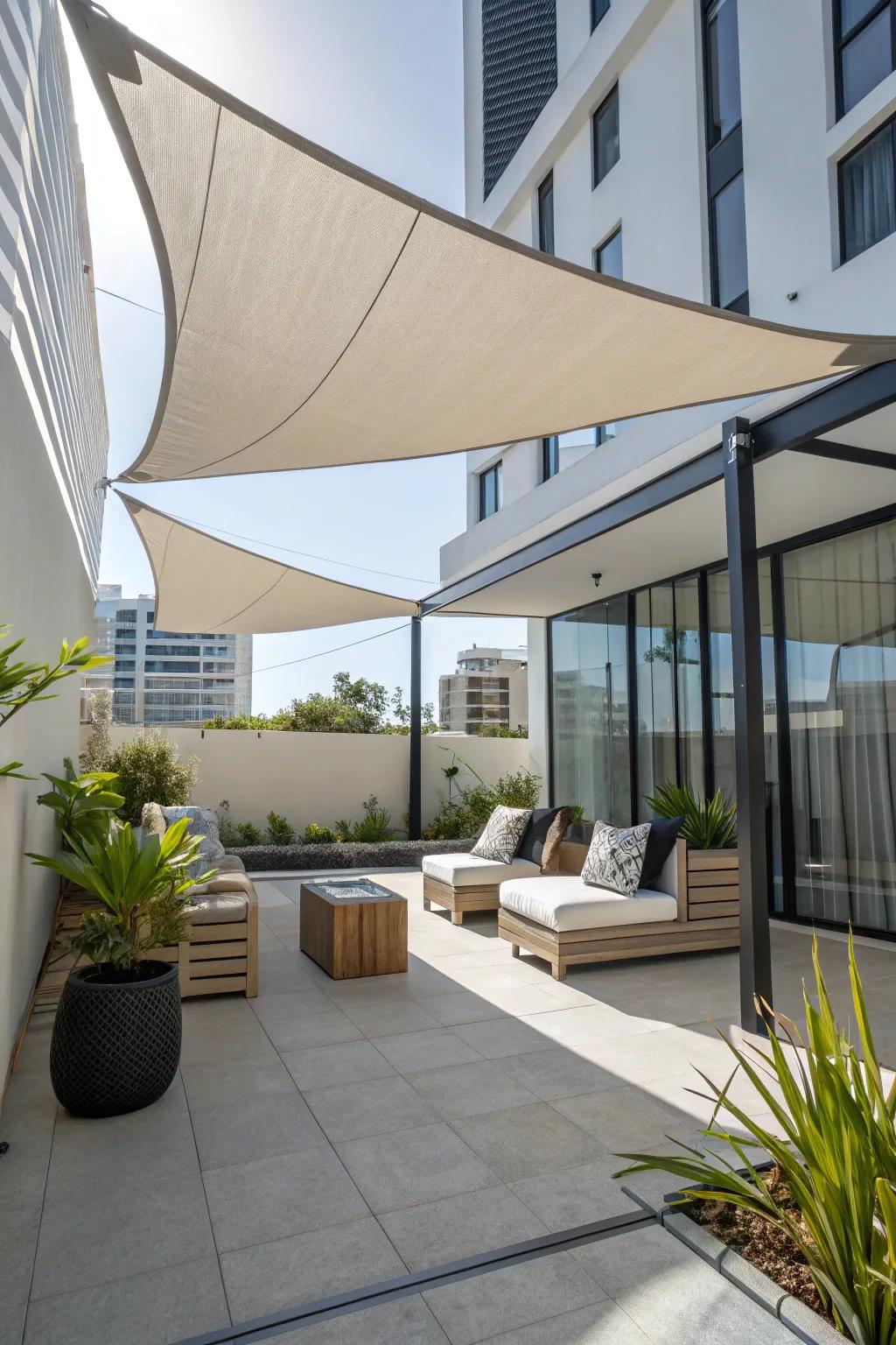 Introduce a contemporary element with sleek shade sails.