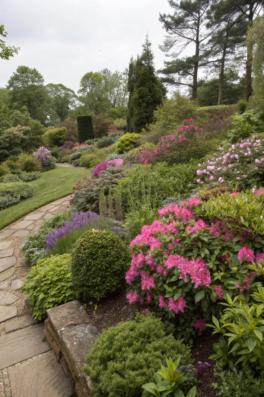 Tiered plantings incorporate azaleas, adding depth to the garden.