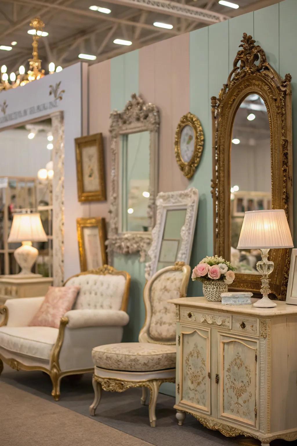 An area enhanced with classic decor, featuring ornate looking glasses and old-fashioned frames.