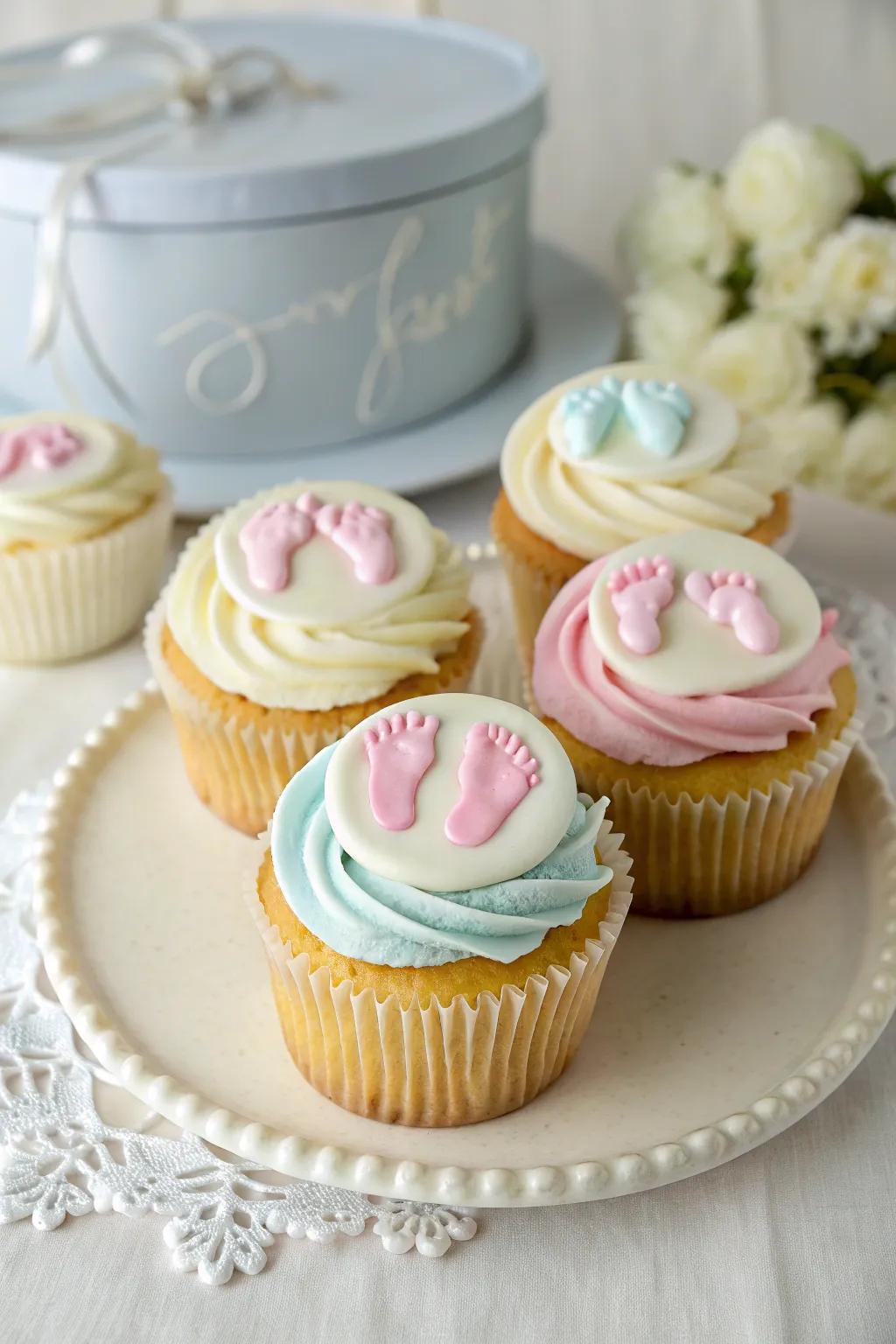 Delightful cupcakes decorated with sugarpaste footprints for a personal touch.