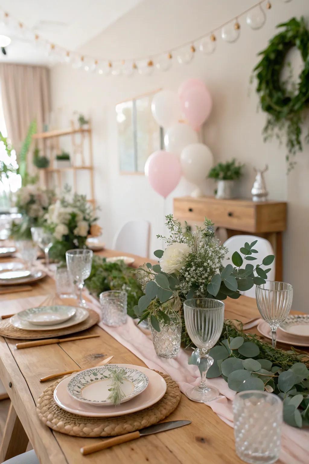 A beautifully arranged table featuring wooden details and plant-based centerpieces creates an inviting ambiance.