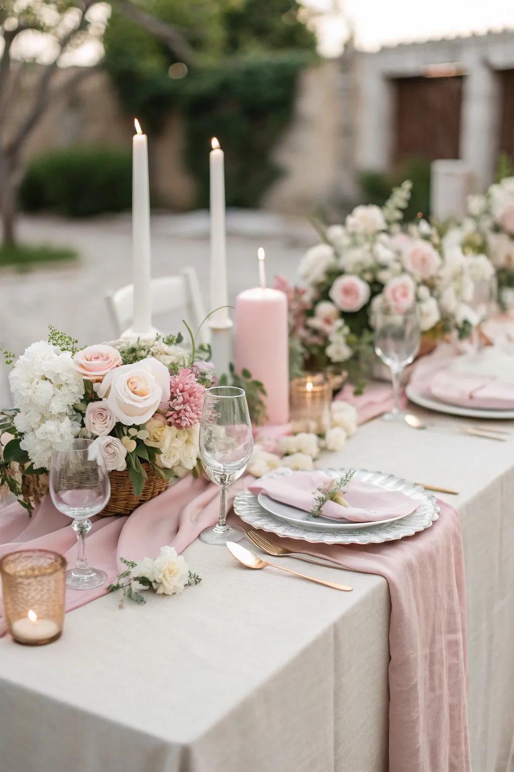 An elegant table setting showcasing refined linens and floral centerpieces.
