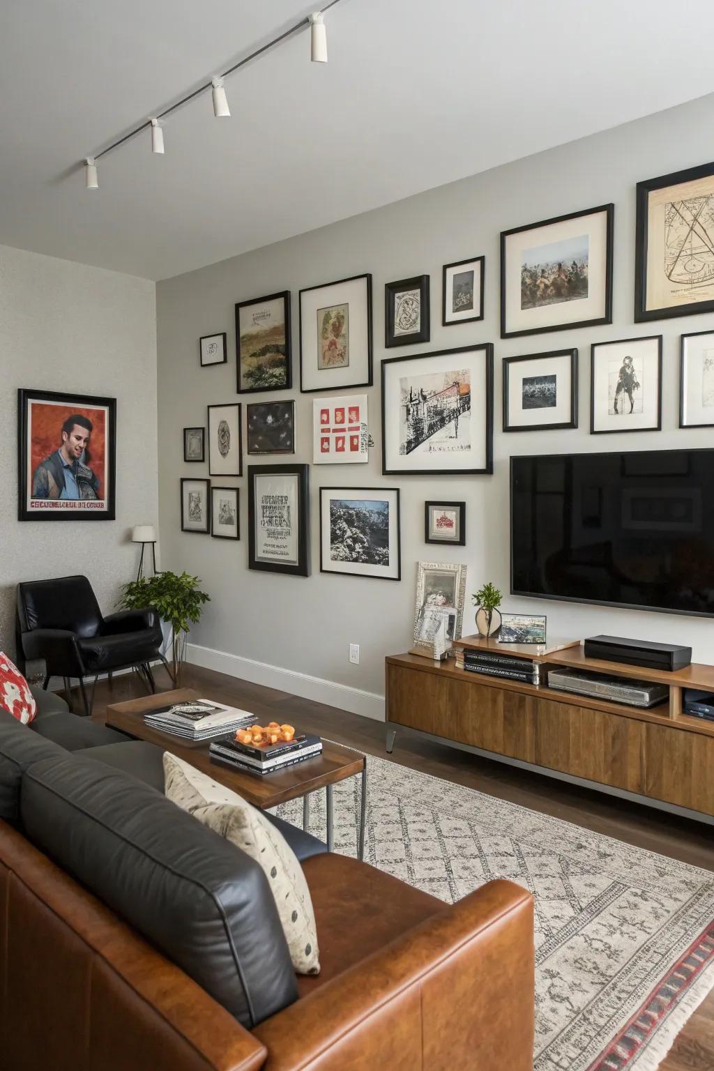 A custom gallery wall infuses character and charm into the room.