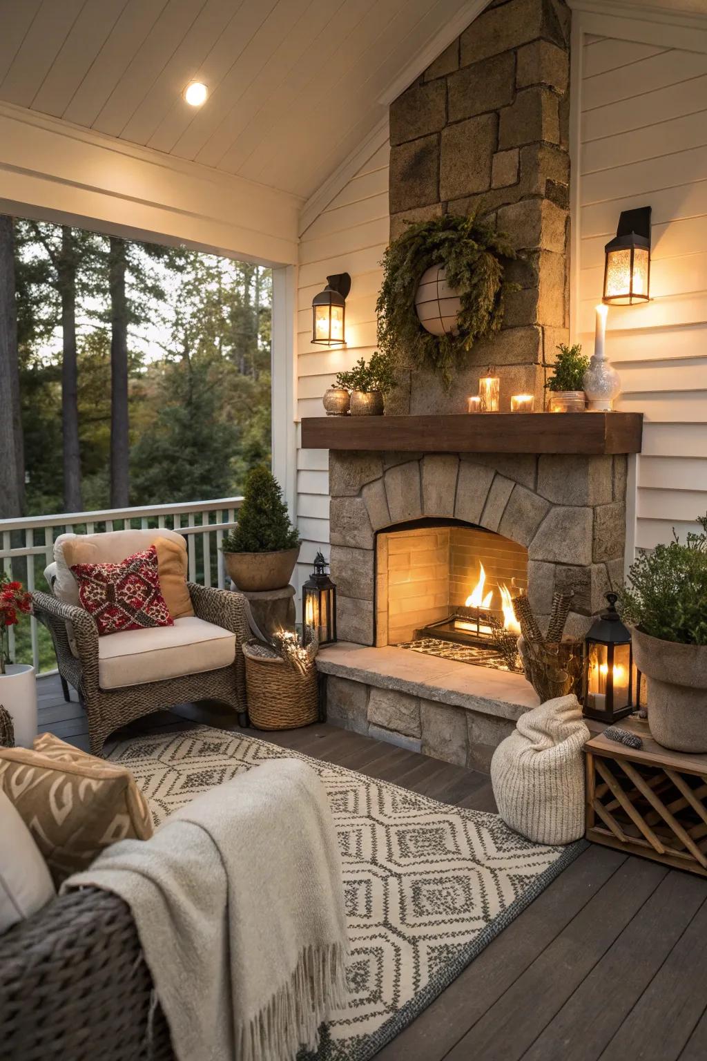Delight in tranquil evenings beside the porch fireplace.