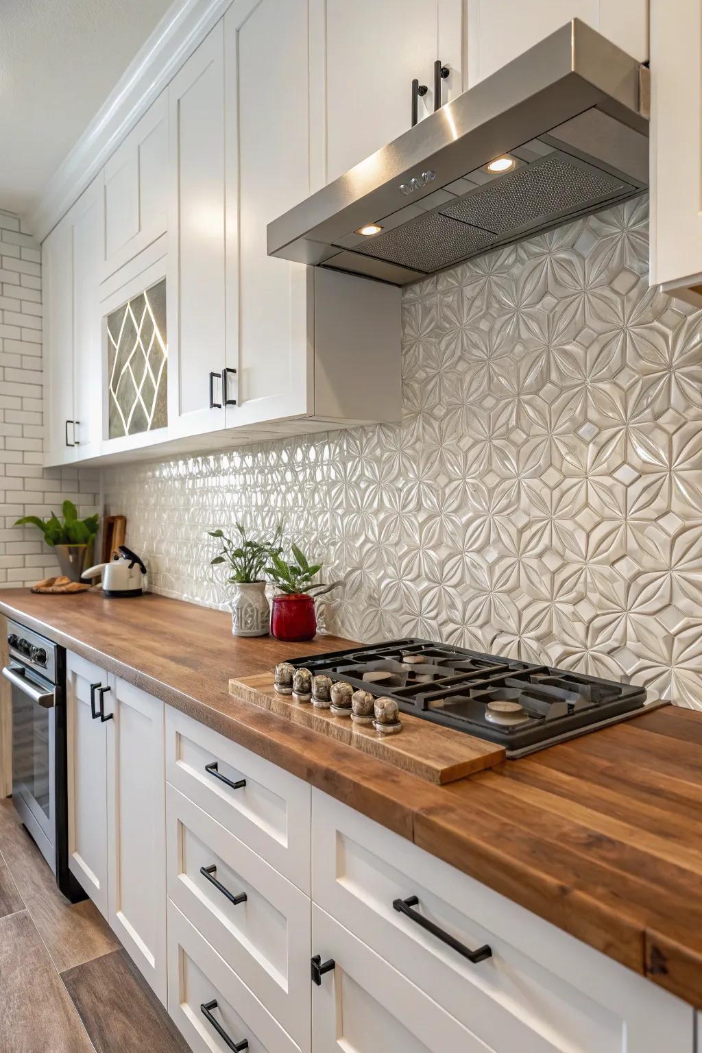 Add depth with textured tiles against warm wood.