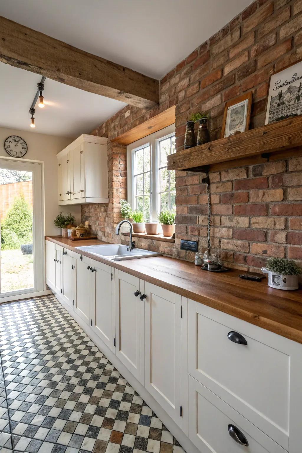 Brick backsplashes infuse warmth and character into a white kitchen.