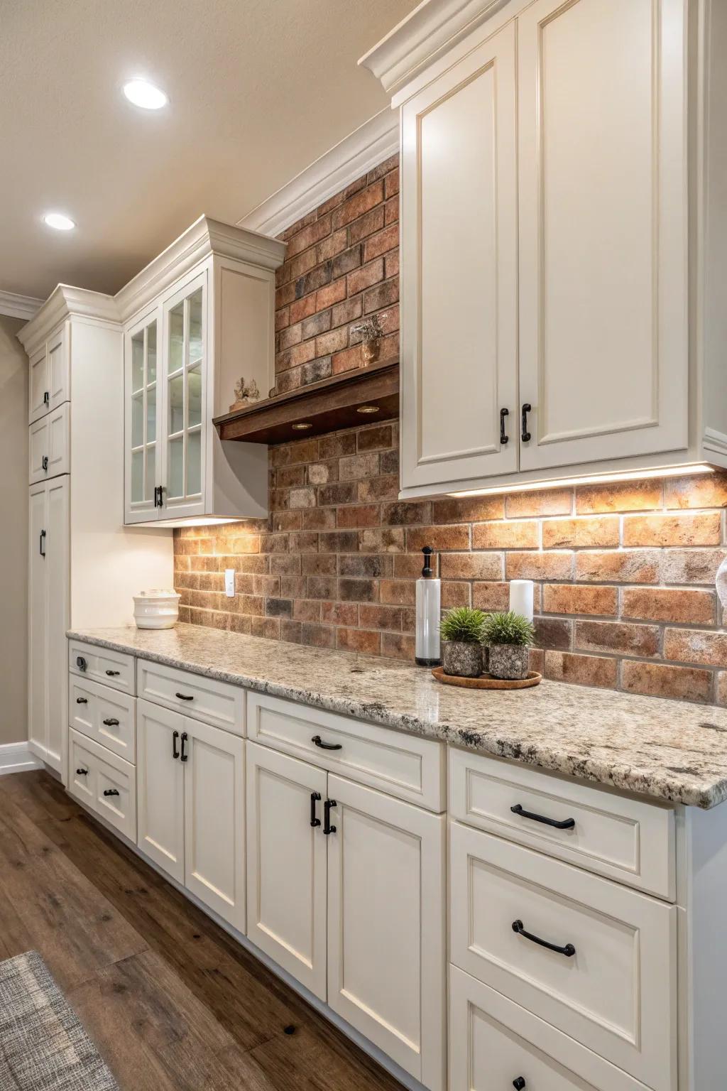 The rustic elegance of a brick backsplash enhances the welcoming ambiance of the cooking area.