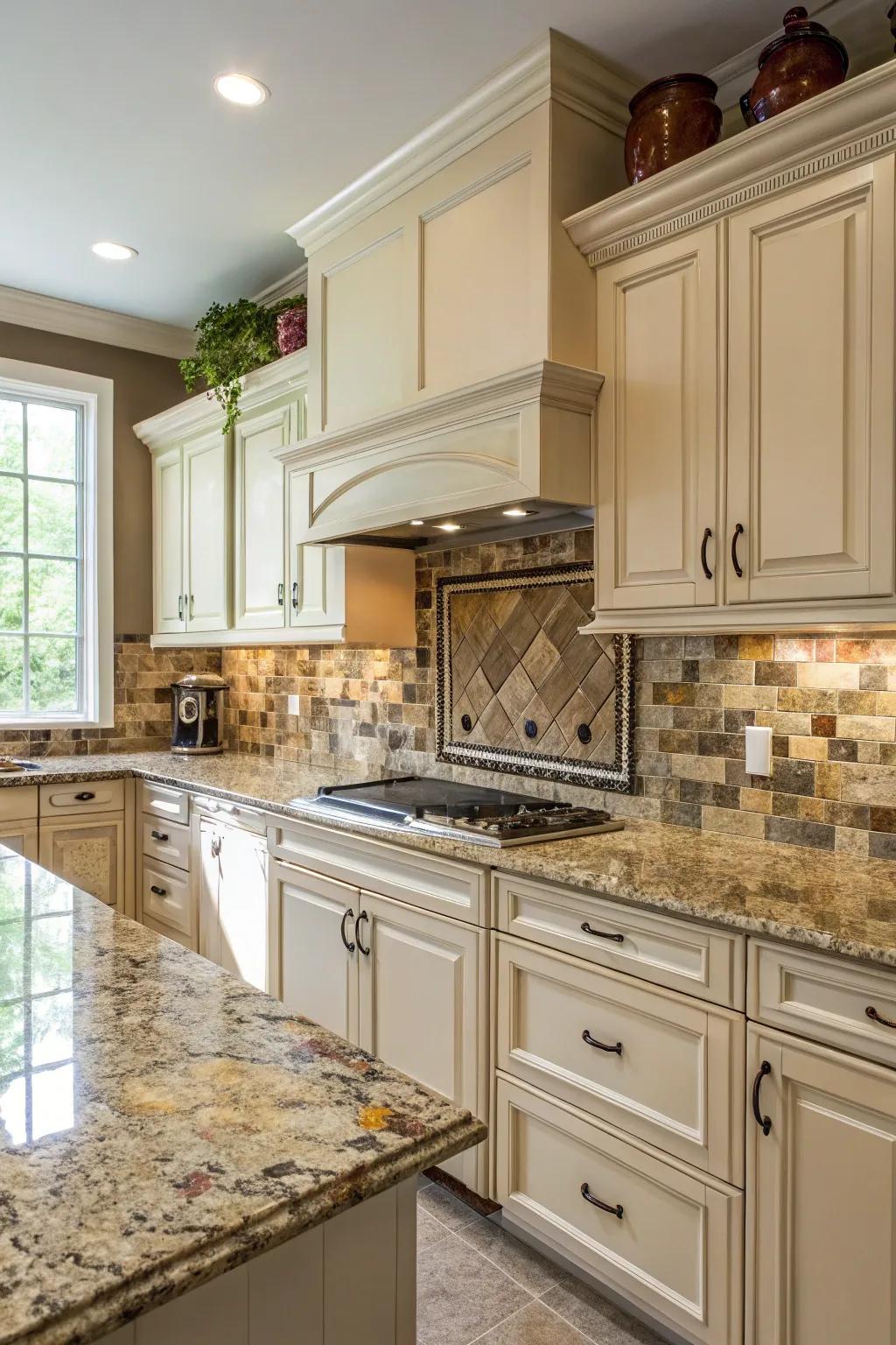 Harmonious color coordination between backsplash and granite countertops.