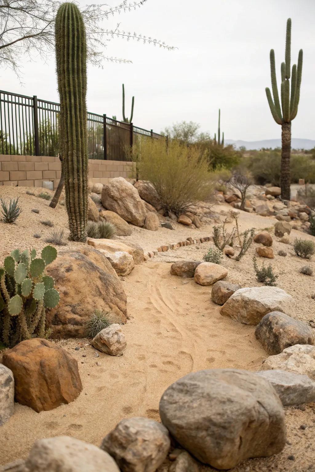 Create a backyard desert by using sand, rocks, and cacti.