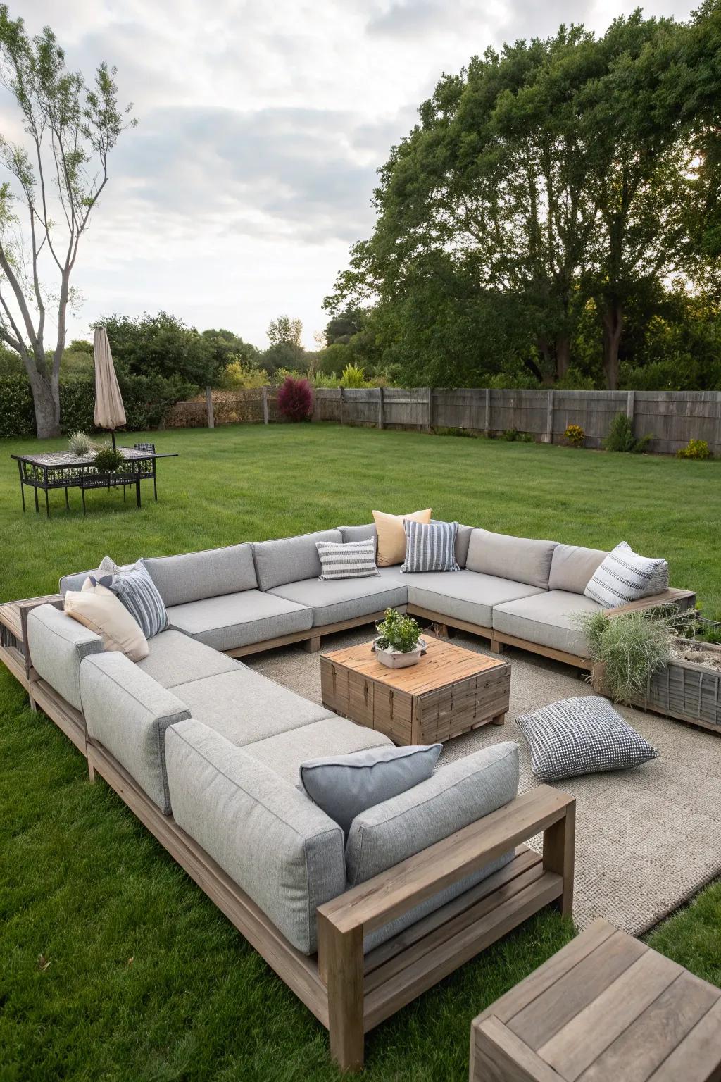Configurable couches offer versatility for gatherings of any scale.