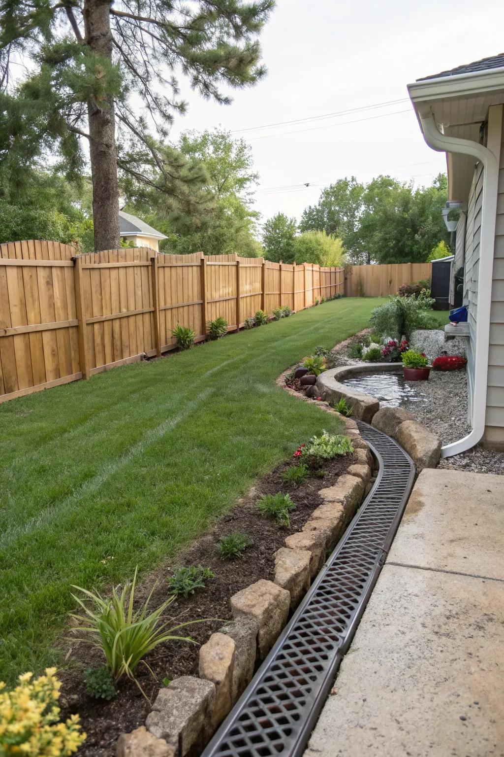 A strategically positioned French drain helps to keep a backyard lush and dry.