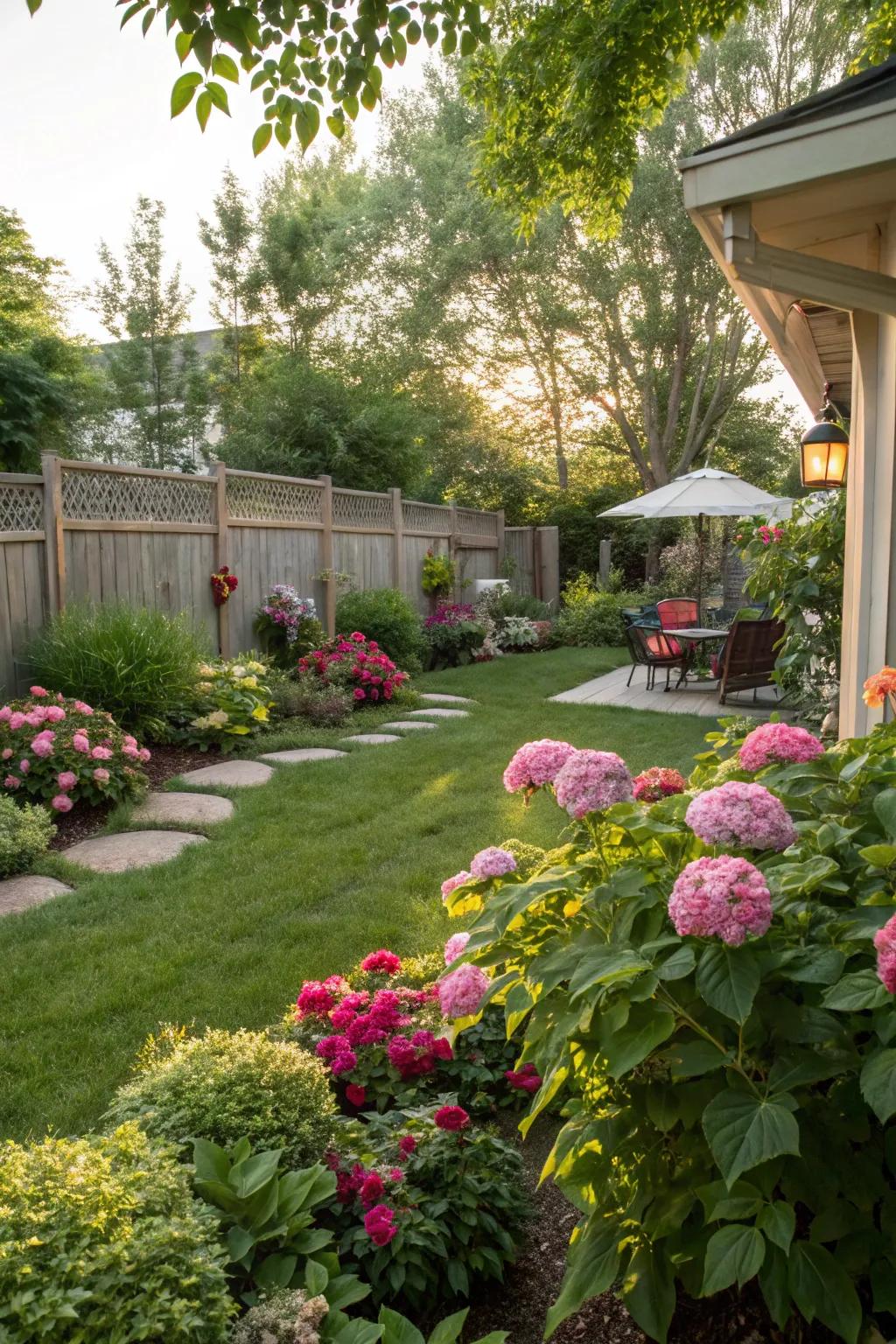 Lush plants and flowers creating a lively backyard atmosphere