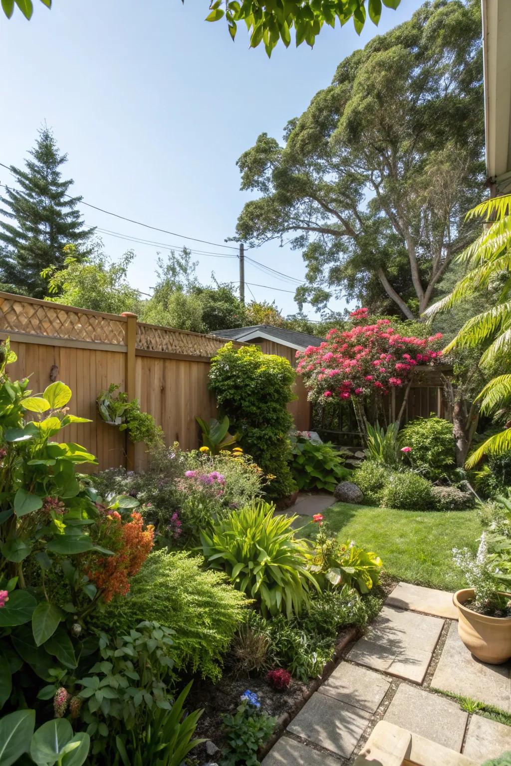 Varied greenery creating a lively backyard retreat.