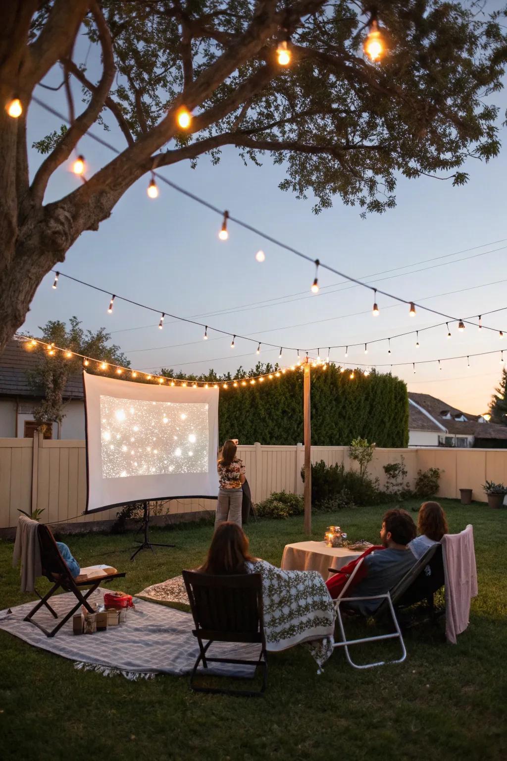 Fairy lights bring a magical element to your backyard movie setting.