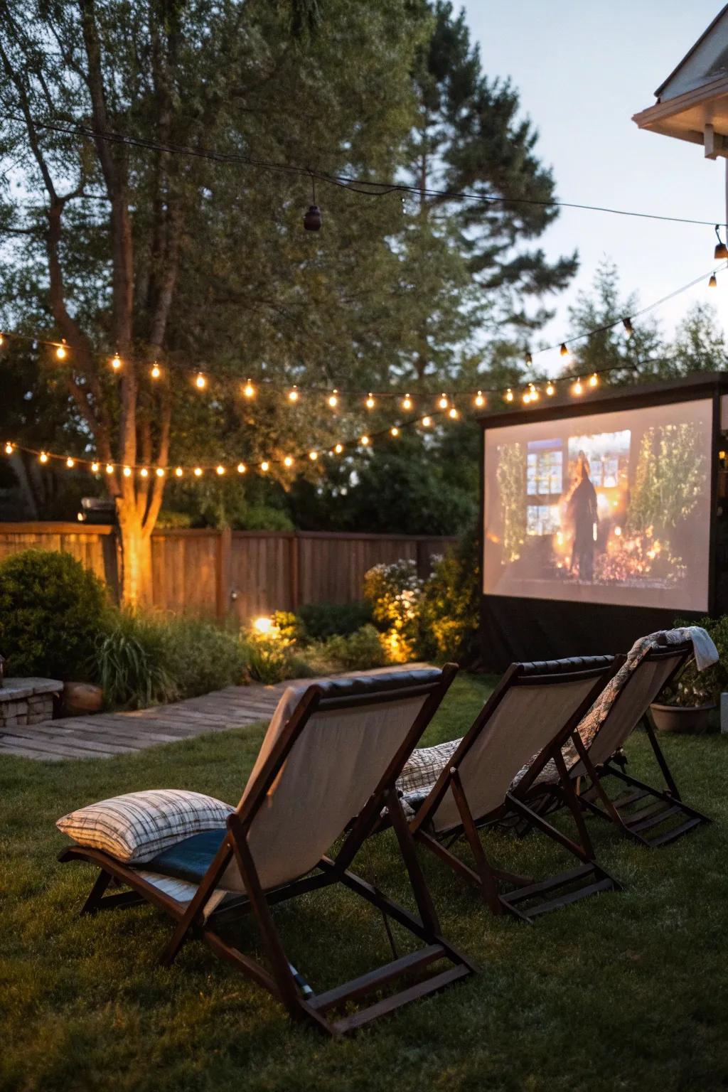Reclining garden chairs offer a blend of relaxation and elegance to your movie night.