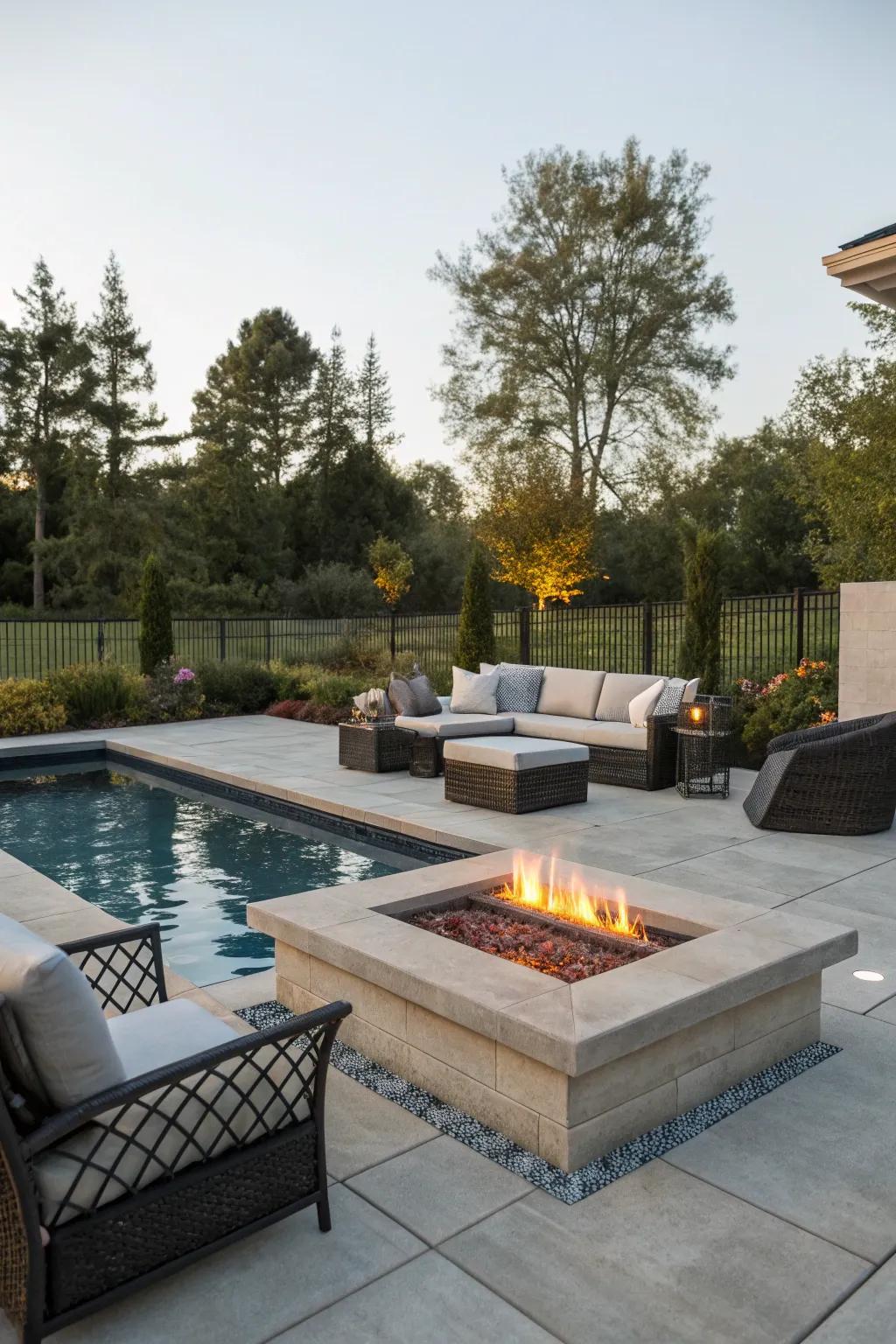 Heat up your evenings with a fashionable poolside campfire site.