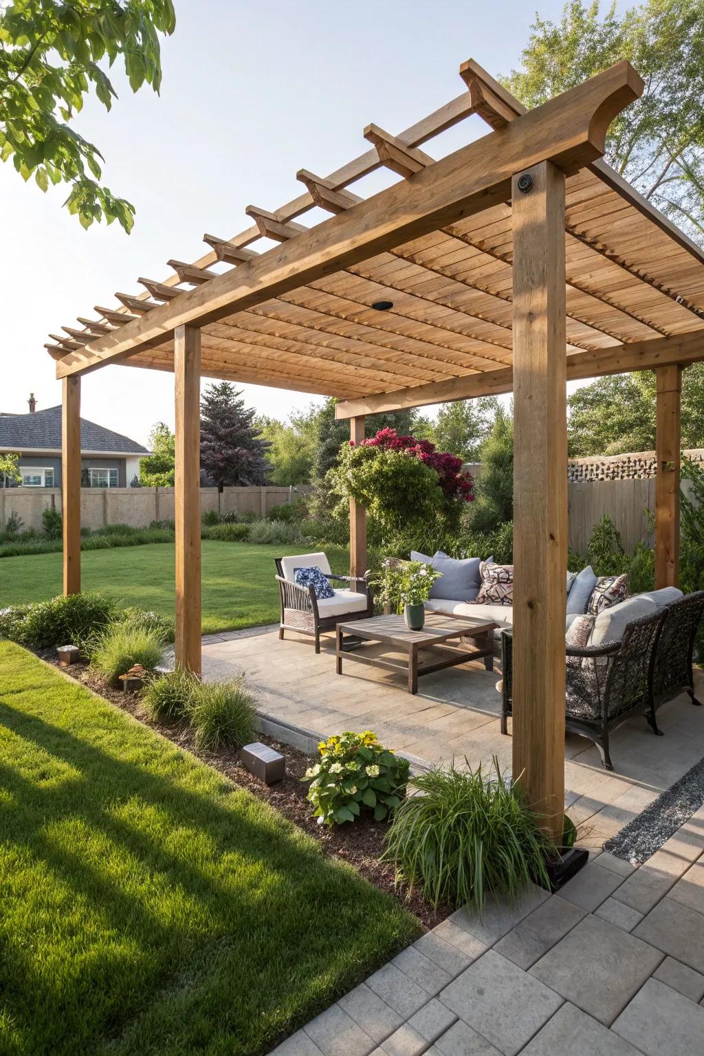Enjoy outdoor relaxation under pergola posts that add shade and elegance.