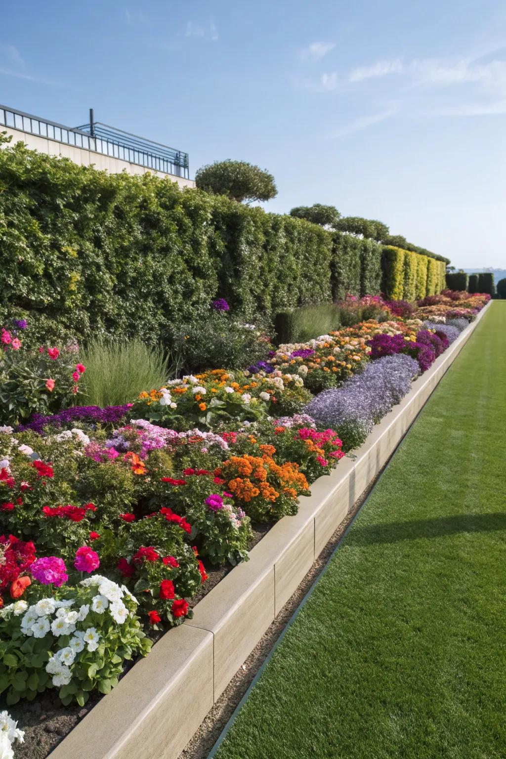 Flower beds framed by vibrant artificial lawn.