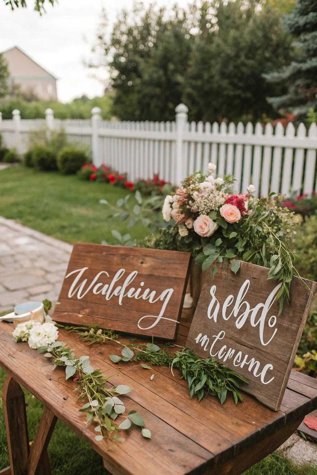Rustic wooden signs provide guidance and charm for wedding attendees.