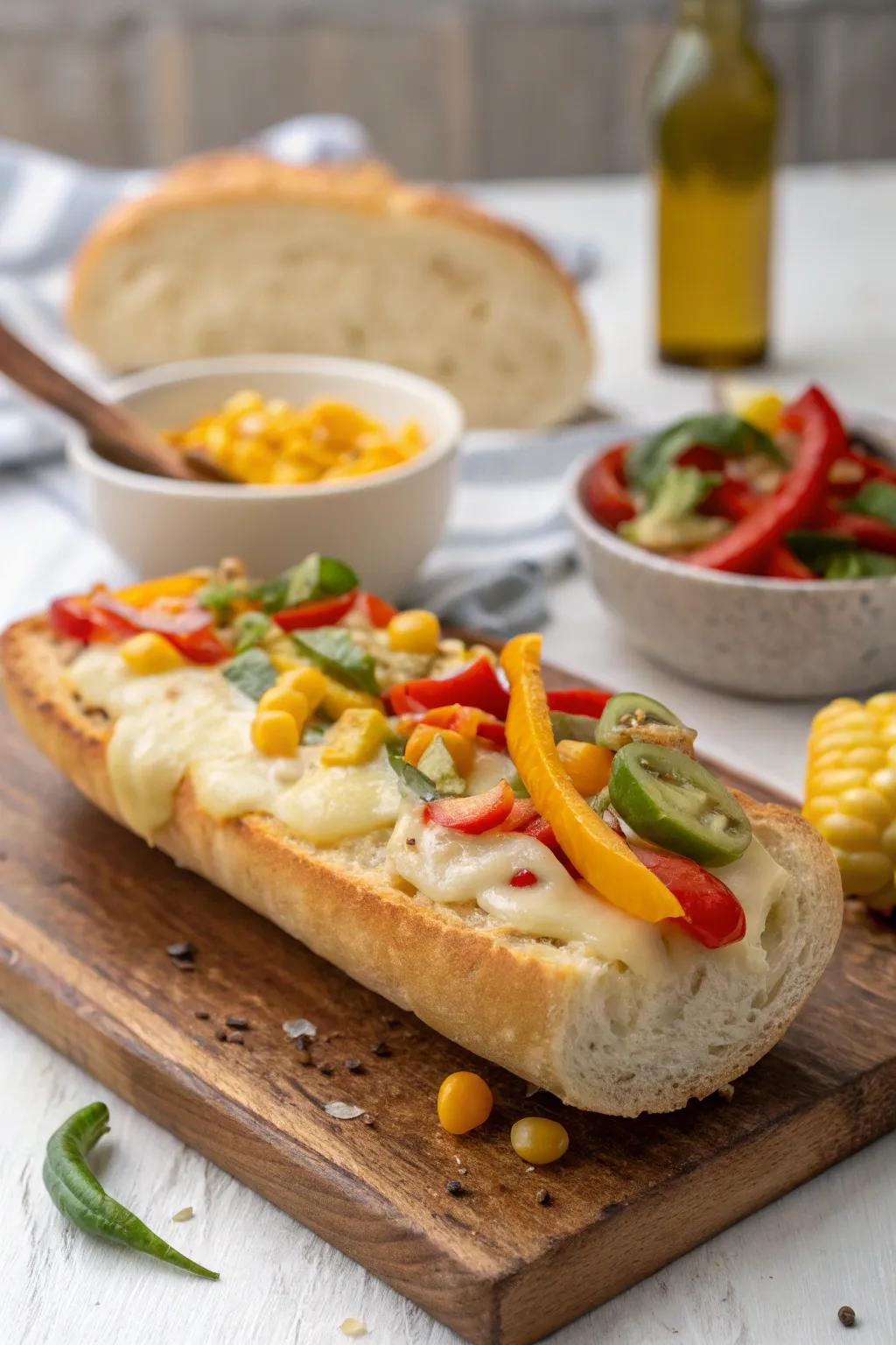 Melted cheese on a French loaf, adorned with lively vegetables.