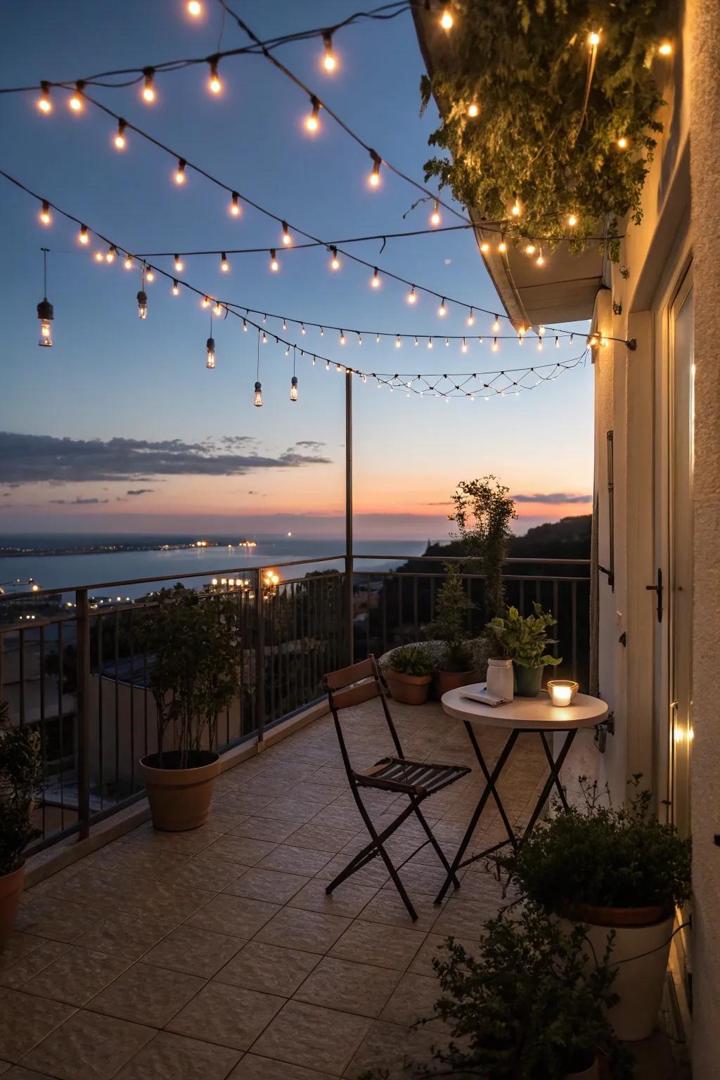 Festive garland adds a whimsical flair and warm glow to your balcony.