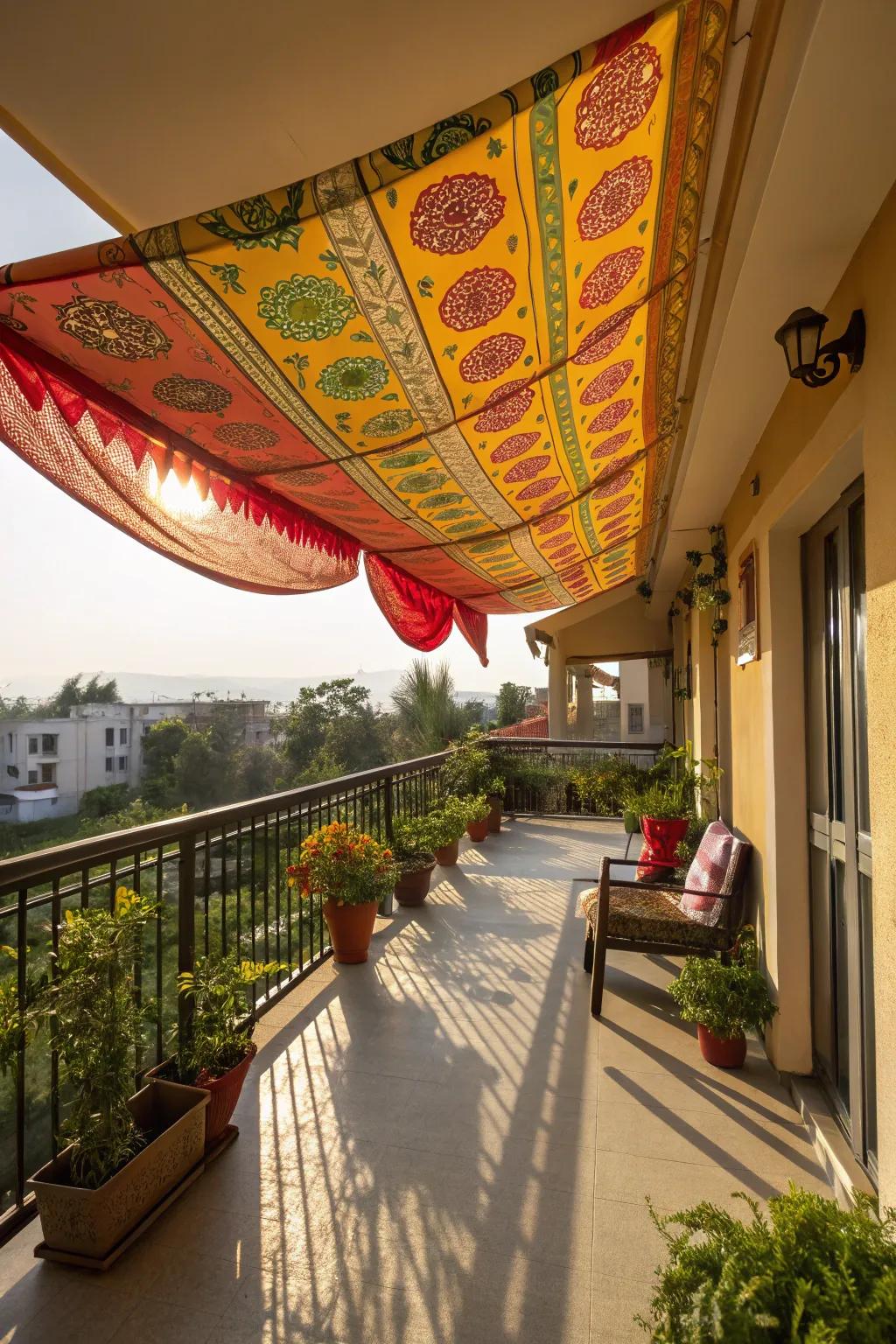 A balcony brightened by a colorful fabric canopy providing ample shade.