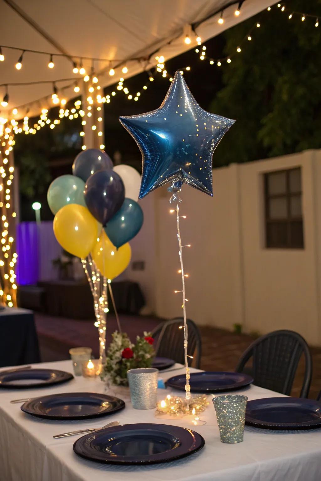 A starry night-themed balloon centerpiece takes center stage.