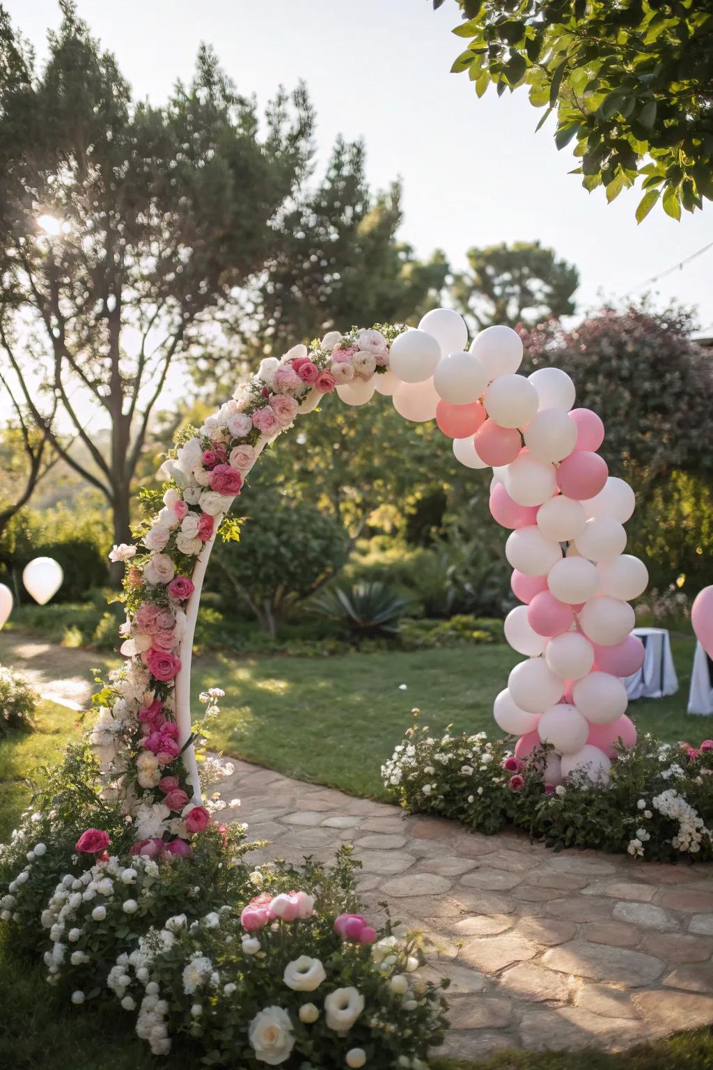 Blossoms enhance balloon hoops with sophistication.