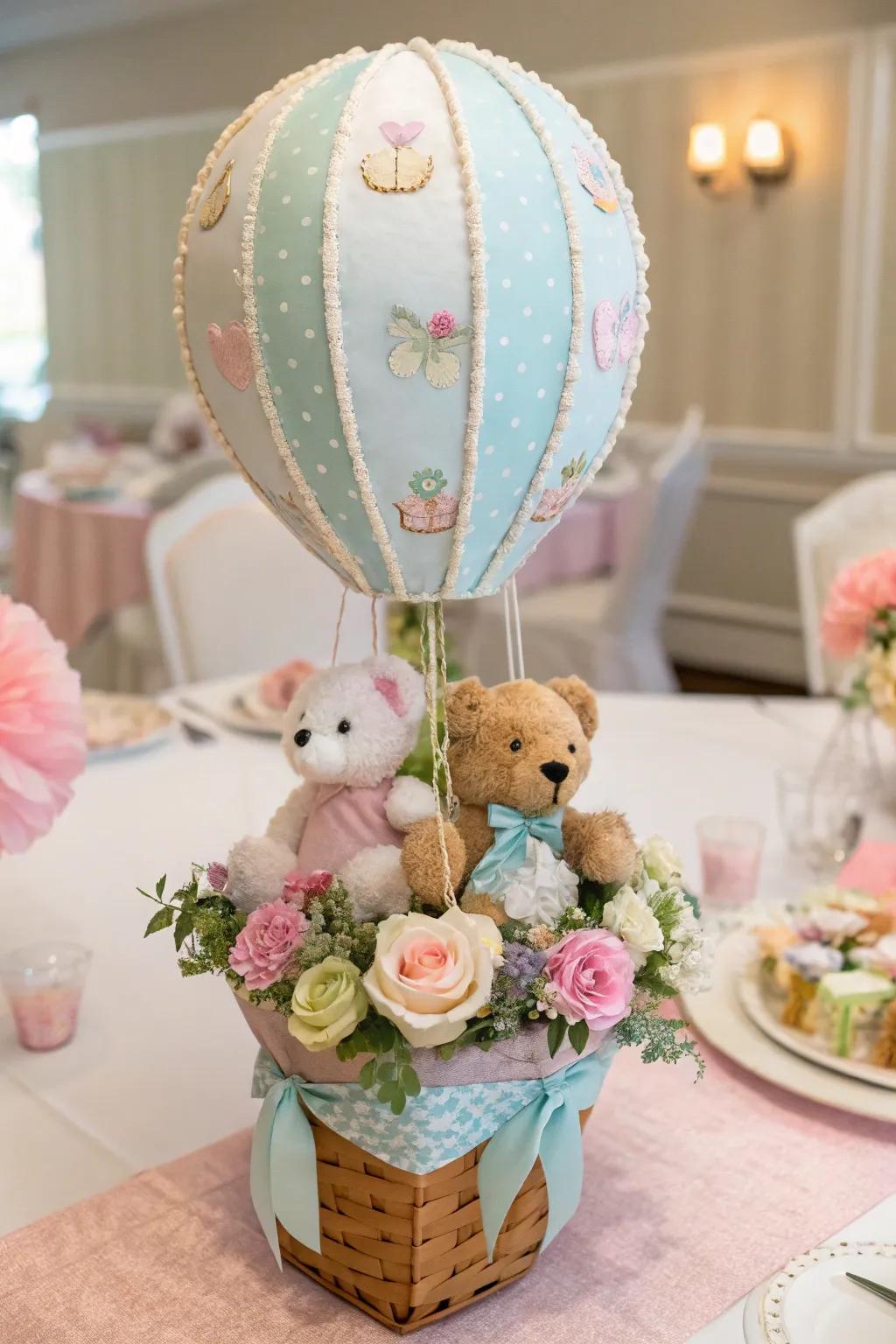 A delightful flying machine focal point adds whimsy to the tablescape.