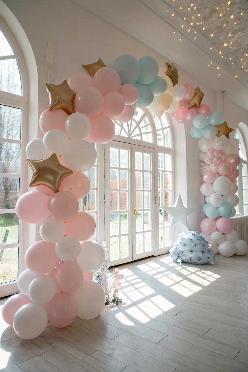Themed balloon arrangements evoke a magical nocturnal atmosphere.