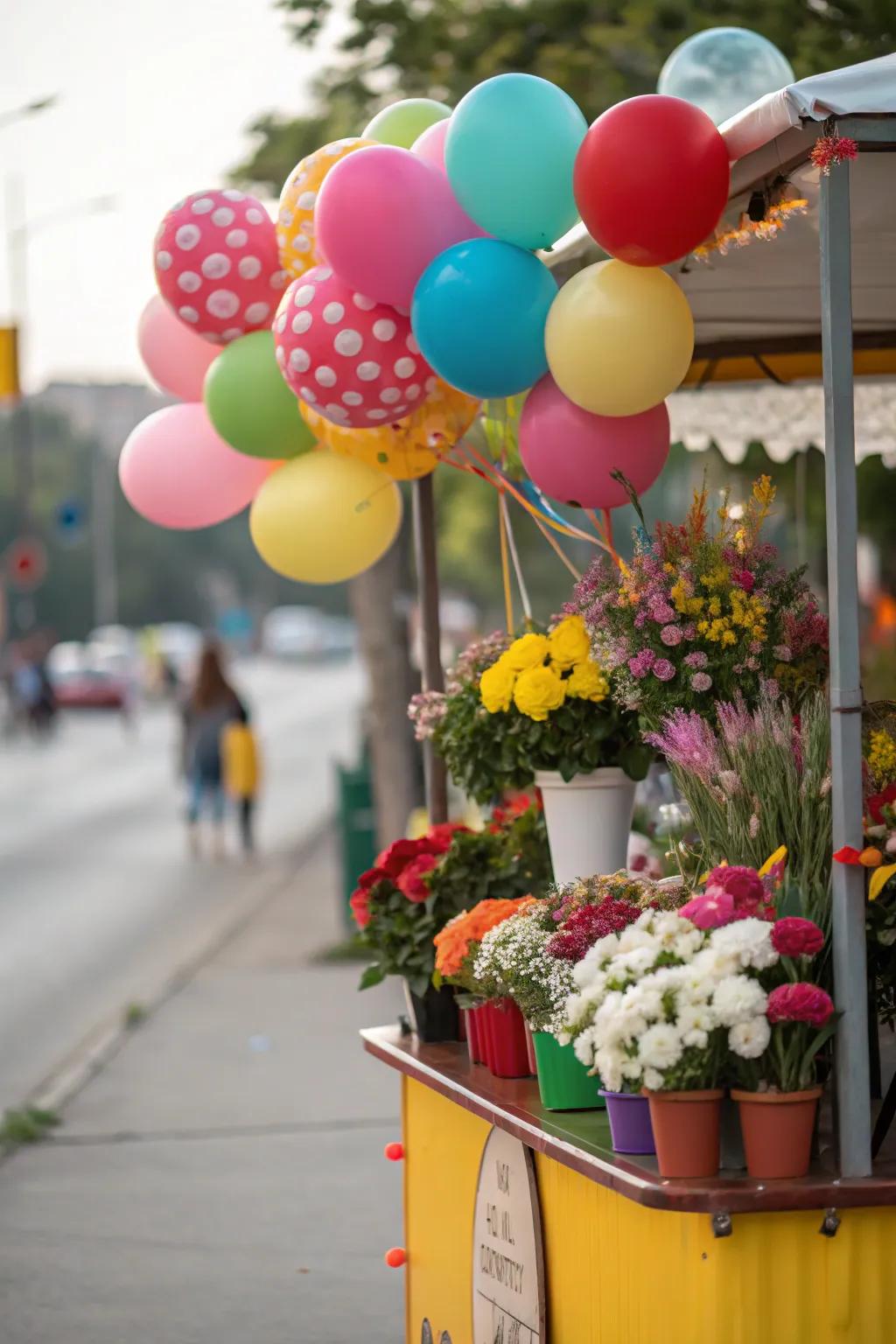 Flowers and balloons produce a charming mix.