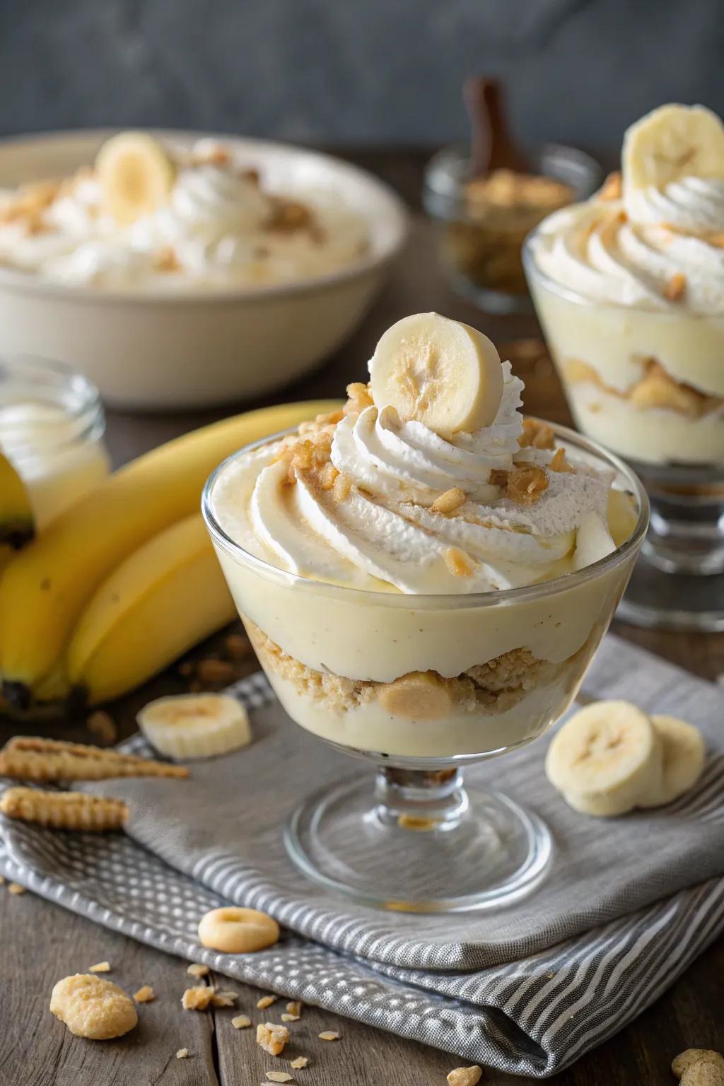 Whipped topping swirls add a layer of elegance to banana pudding.