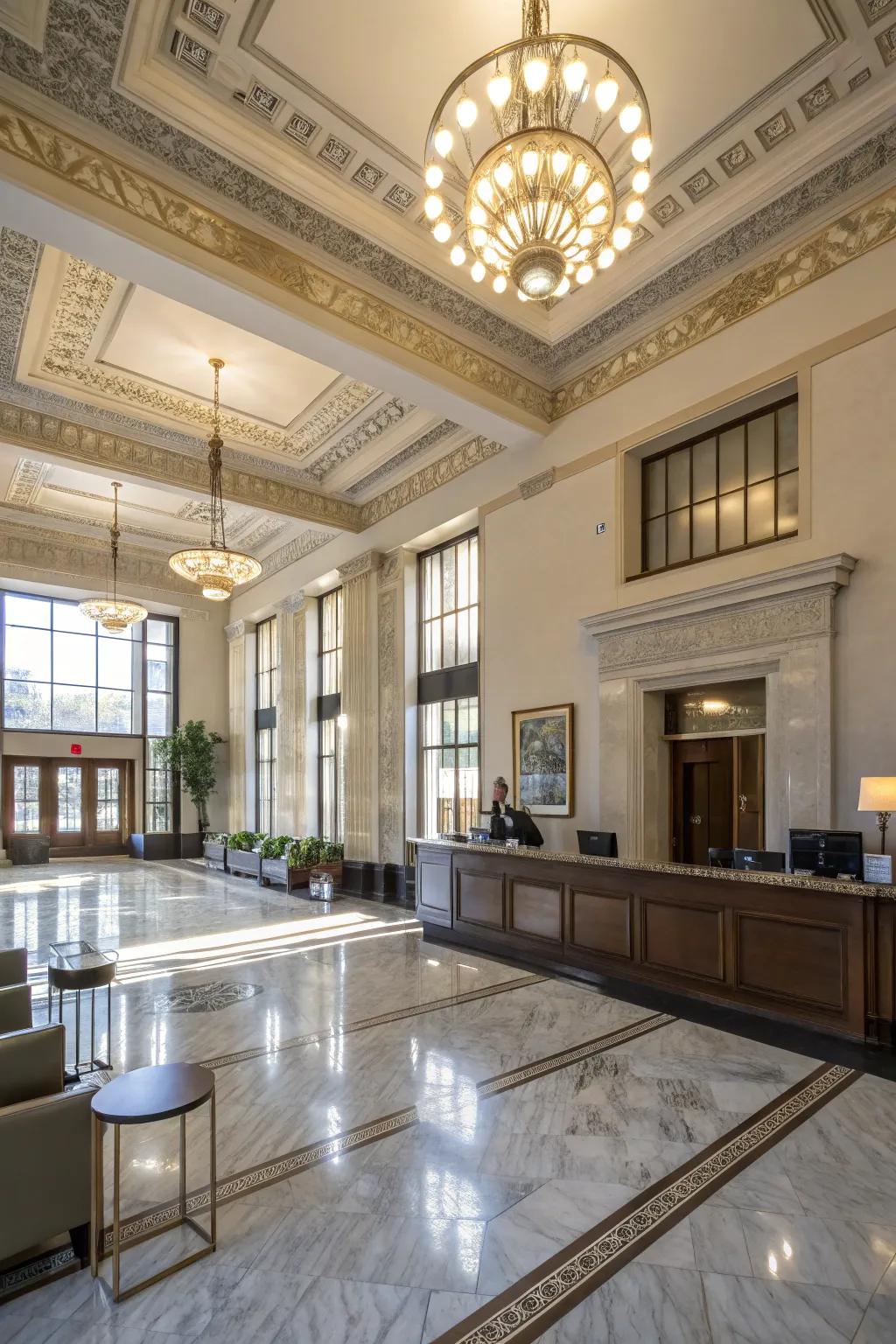 Stylish lighting improves the bank's atmosphere and sophistication.