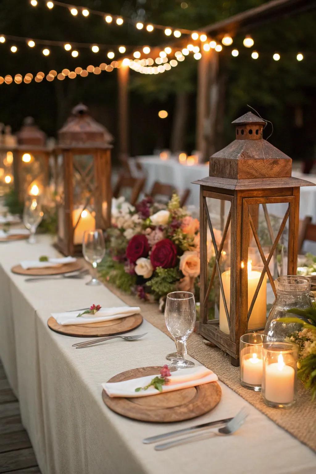 Rustic lanterns projecting a lovely glow across the table.