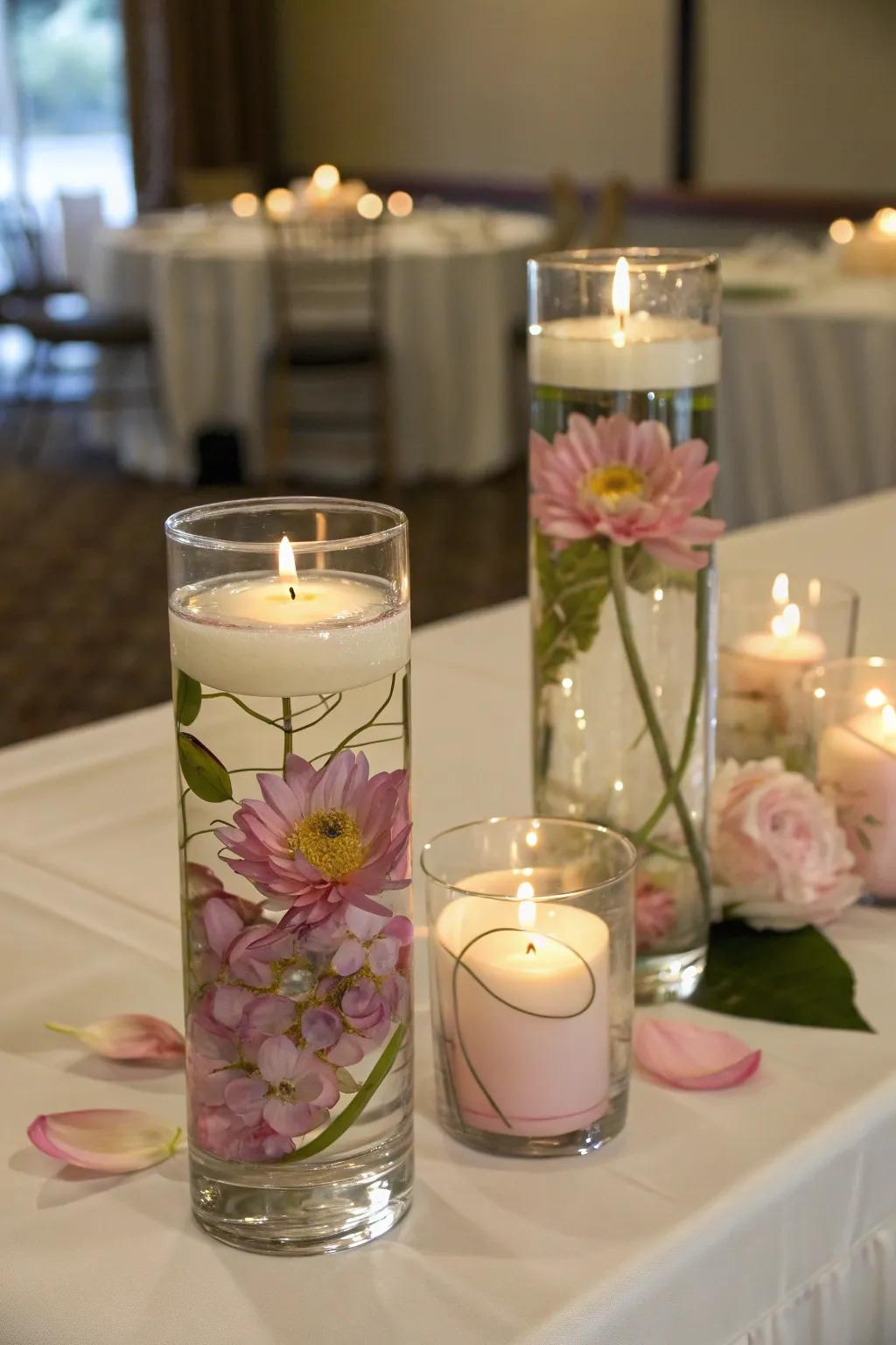Suspended blossom displays evoke a tranquil atmosphere.