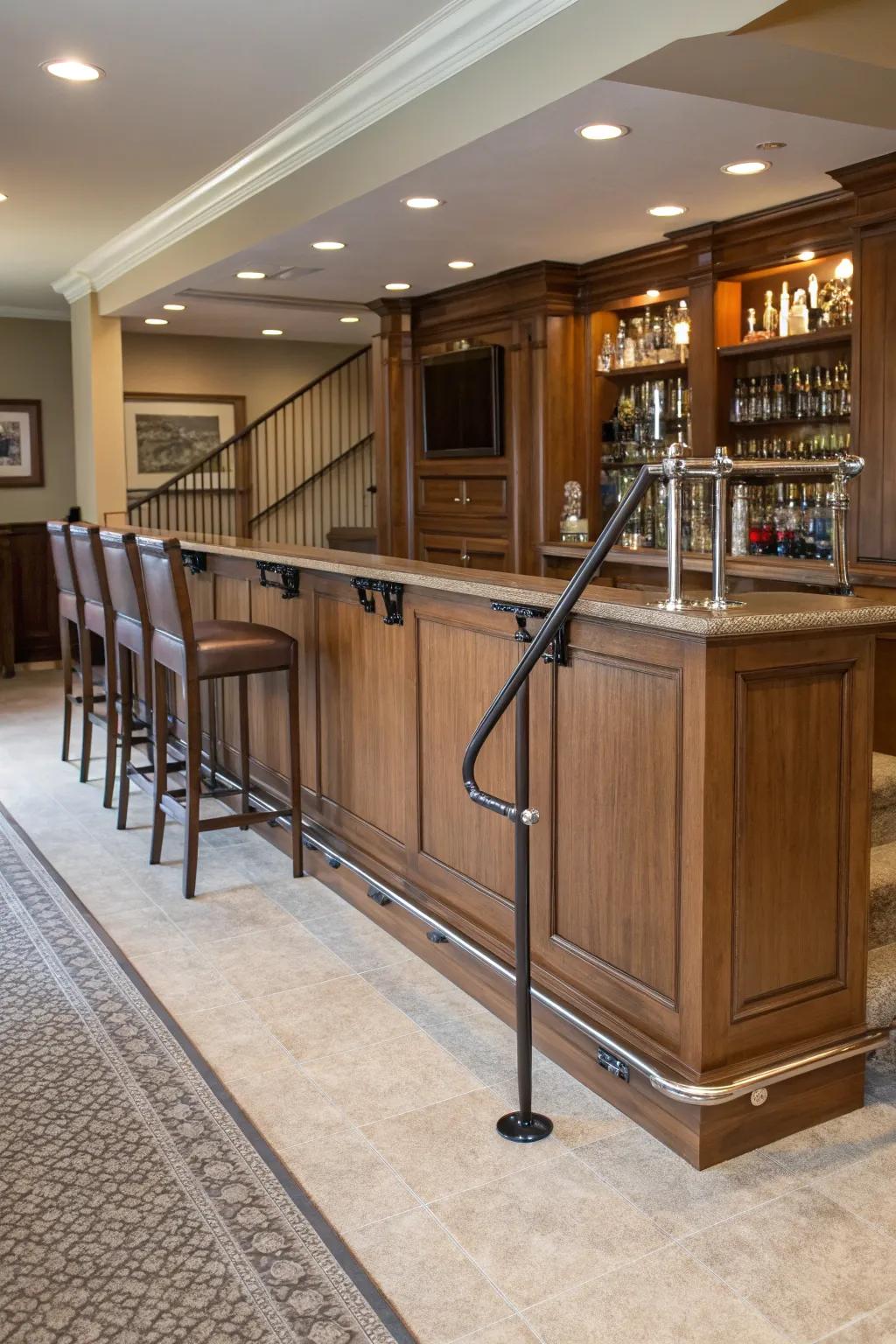 Customizable foot rails for a tailored bar experience.