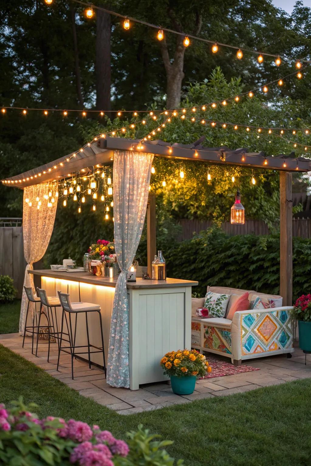 String lights establish a captivating environment in an outdoor bar area.