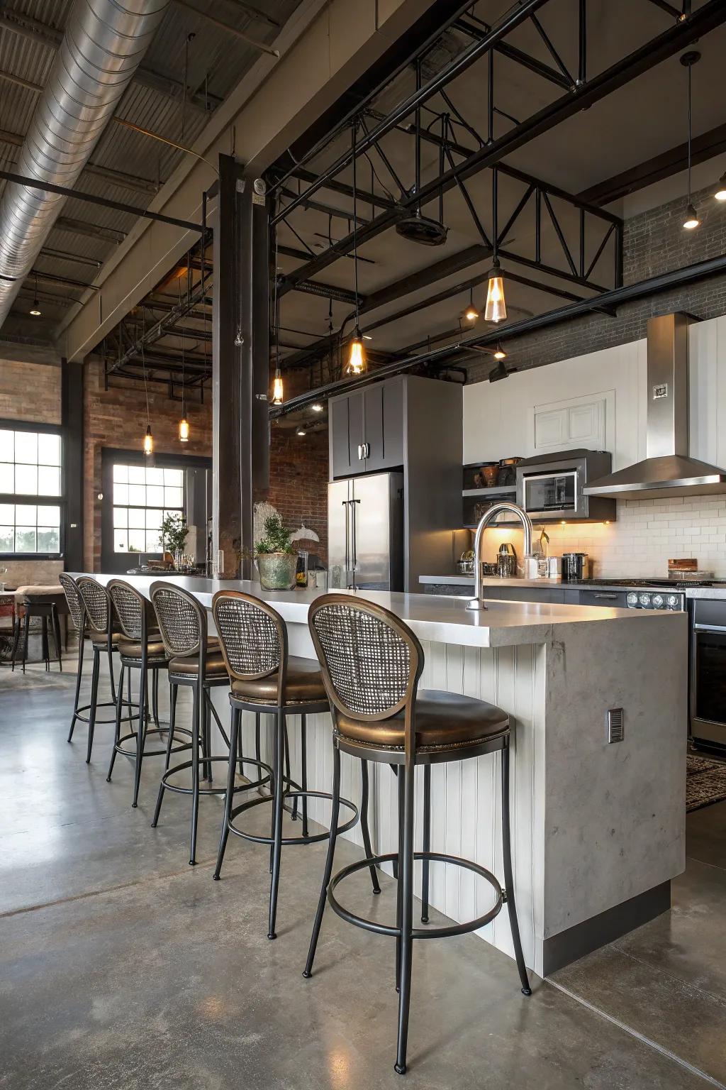 Chic bar stools with metal touches that add a hint of industrial chic.