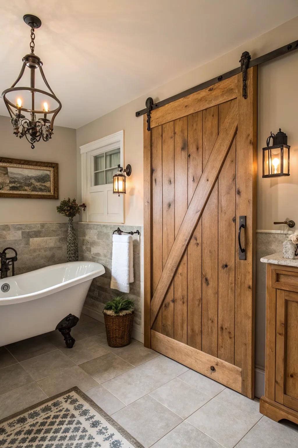 Natural wood sheen presents warmth and rustic allure to any bathroom.