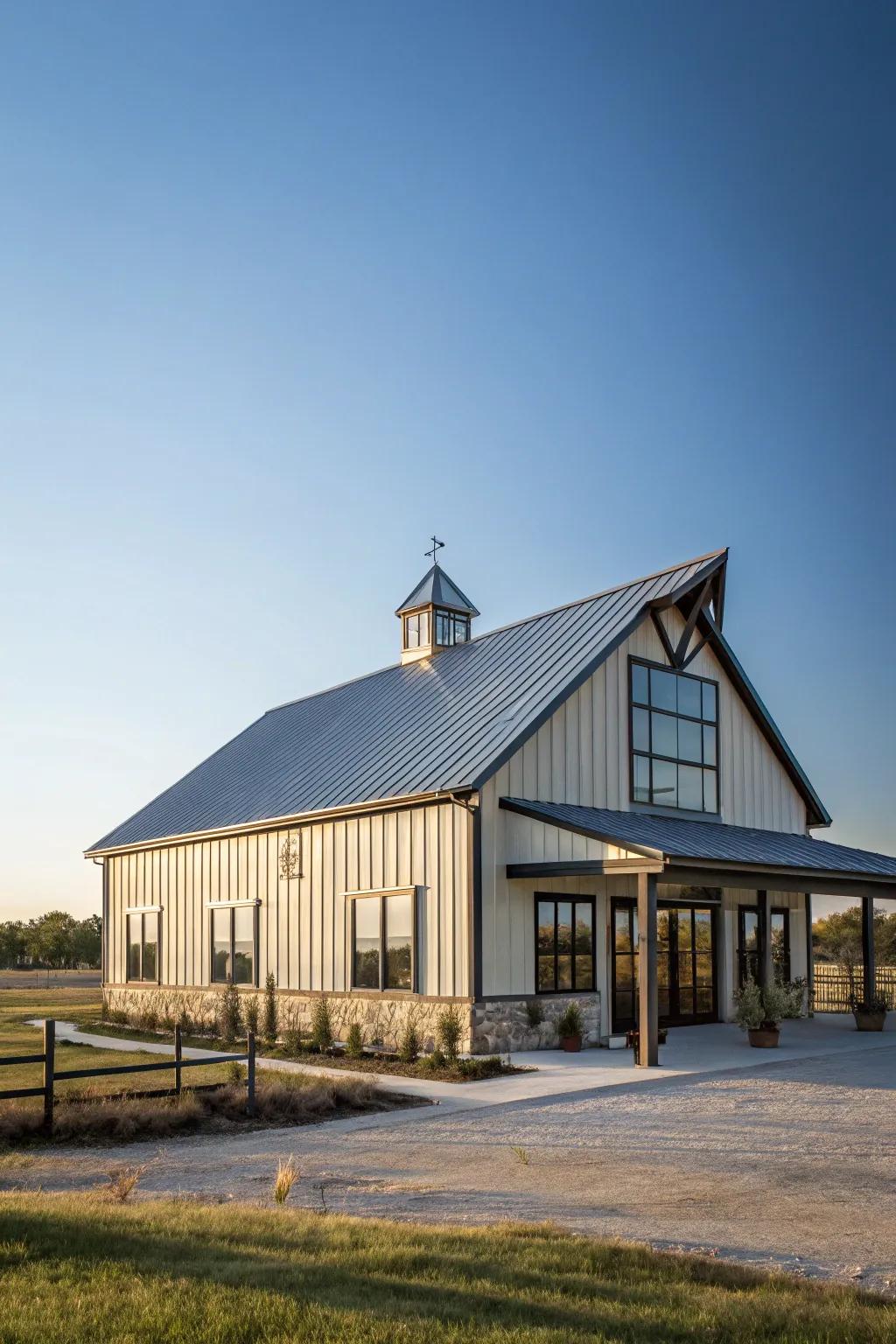 A steep peaked roof adds classic charm to this barndominium.