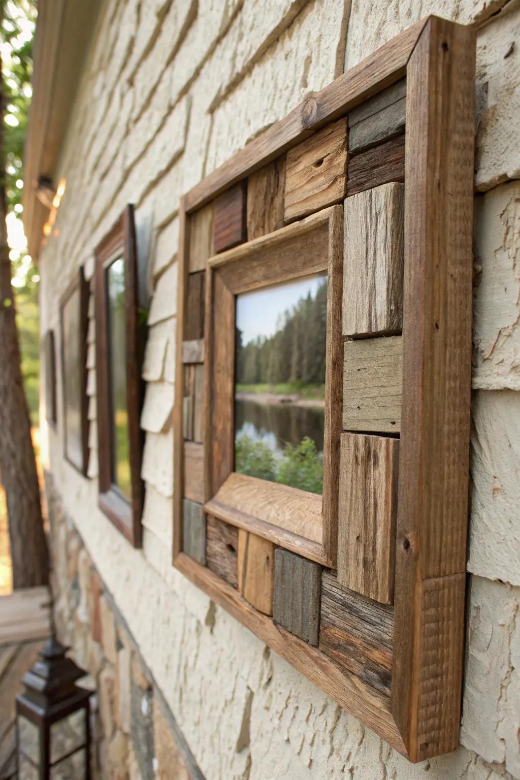 An asymmetrical reclaimed wood frame featuring a layered layout.
