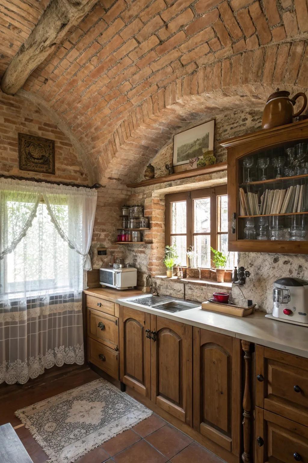 A rustic kitchen enhanced with a bare brick vaulted ceiling.