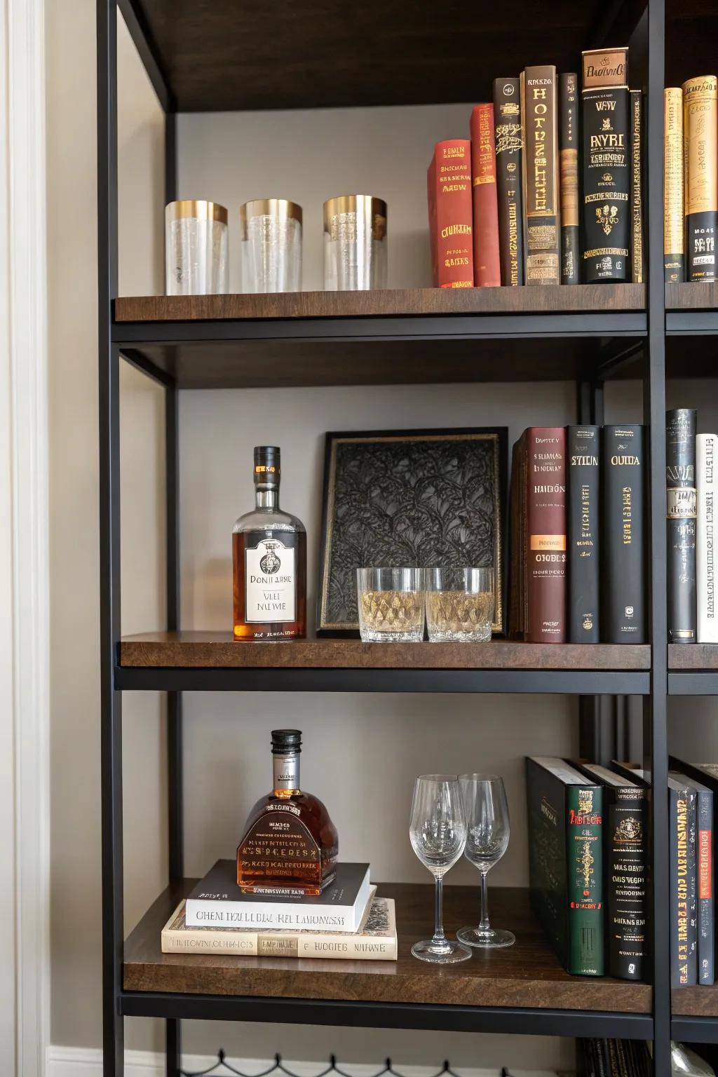 A clever application of shelves transforms a bookcase into a compact bar.