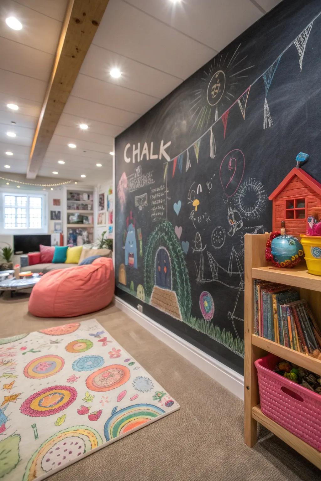 A chalkboard wall inspires creativity and educational fun.