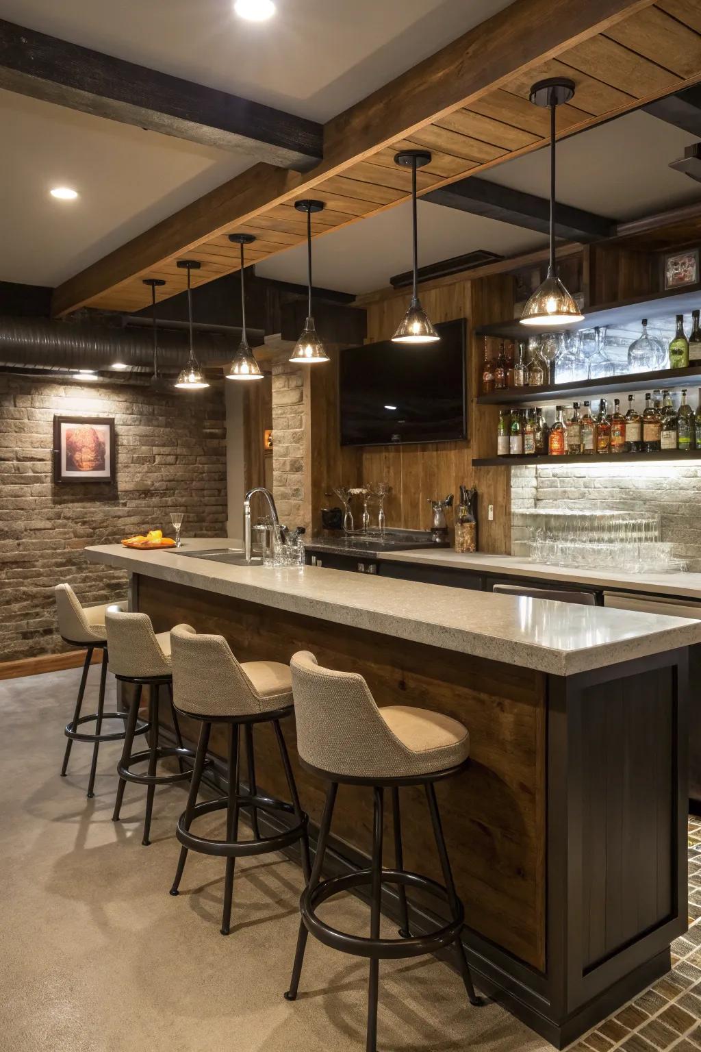 A stylish wet bar located in the basement featuring chic countertops and soft ambient lights.